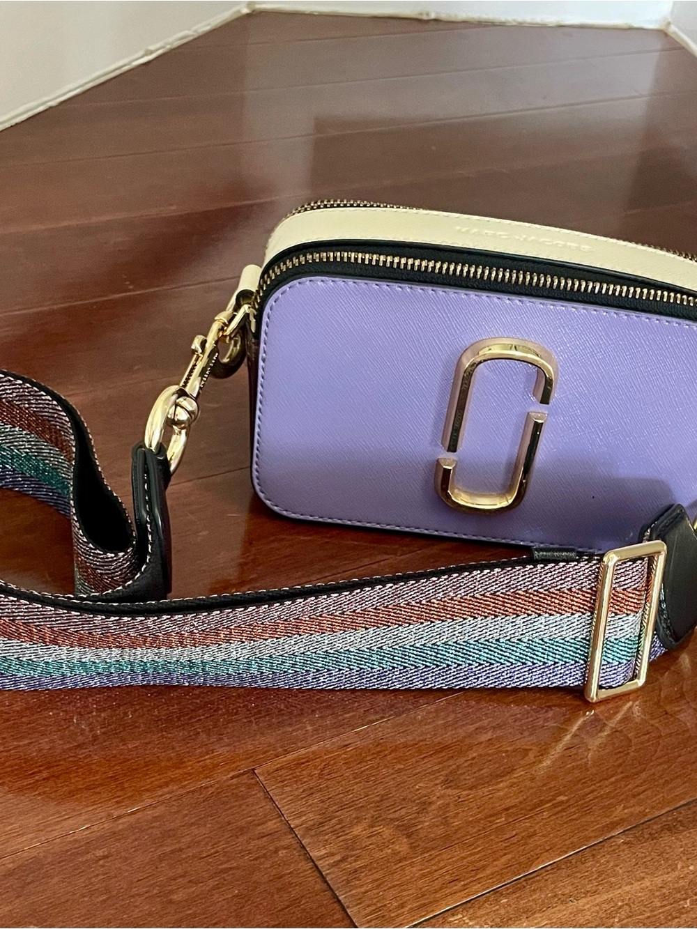Marc Jacobs Snapshot Camera Bag in Lilac and Cream with Multicolor Strap